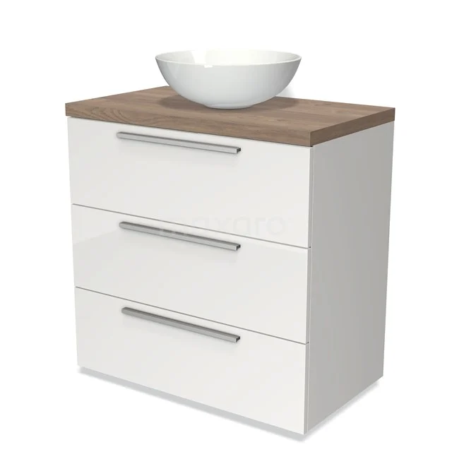 Modulo Plato Vanity units for countertop basin | 80 cm High-gloss white Flat front Mid brown oak worktop 3 drawers BMK19-00094