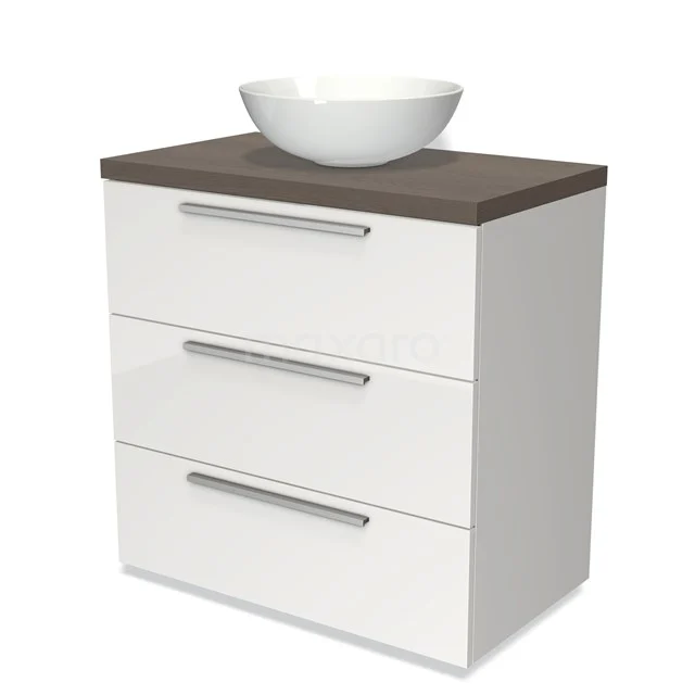 Weißer Badschrank mit drei Schubladen, holzfarbener Platte und Aufsatzwaschbecken; stilvolles Design für moderne Bäder.