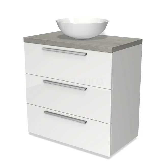 Modulo Plato Vanity units for countertop basin | 80 cm High-gloss white Flat front Grey oak worktop 3 drawers BMK19-00096