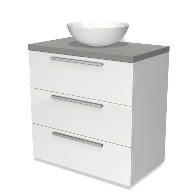 Modulo Plato Vanity units for countertop basin | 80 cm High-gloss white Flat front Light grey concrete worktop 3 drawers BMK19-00097