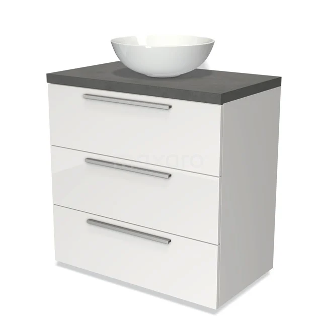 Badmöbel für Aufsatzwaschbecken 80cm Modulo Plato Hochglanz Weiß 3 Schubladen Flach Dunkelgrau Beton Platte BMK19-00098 Weißes Badmöbel mit drei Schubladen, graue Platte und rundes Waschbecken; strakes Design, ideal für einen modernen Badezimmerstil.