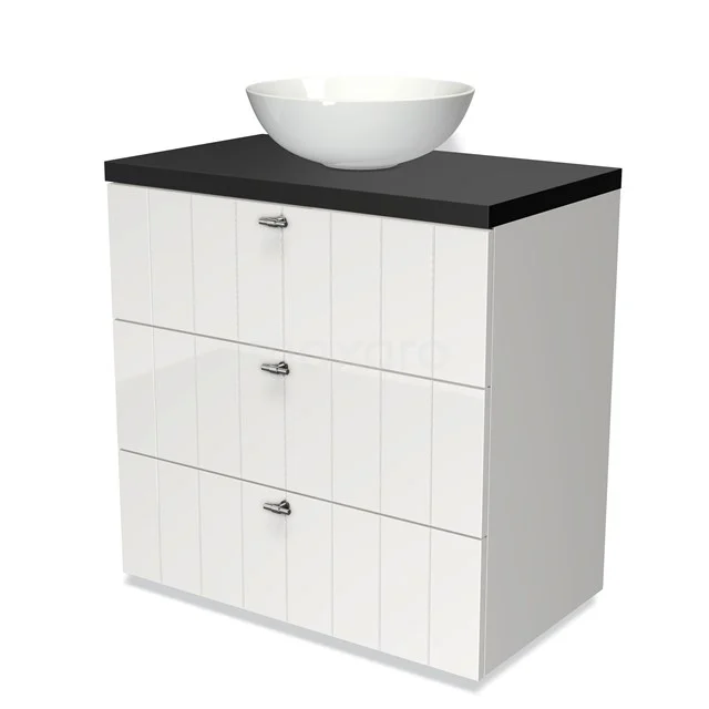 White wooden bathroom unit with three drawers, black worktop and round countertop wash basin, ideal for a modern bathroom design.