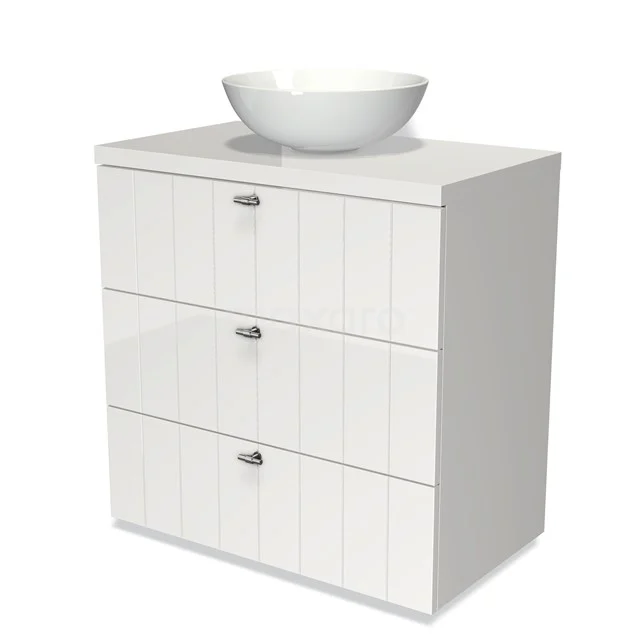 Weißes Badezimmermöbel mit drei Schubladen und einem runden Waschbecken, modernes Design, ideal für Badezimmerlagerung.