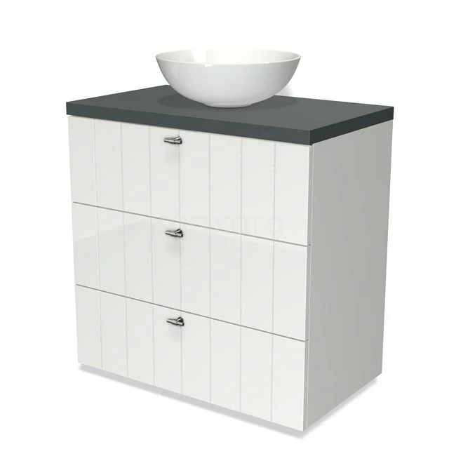 White bathroom unit with ceramic countertop wash basin, anthracite worktop and three drawers, perfect for a modern bathroom style.