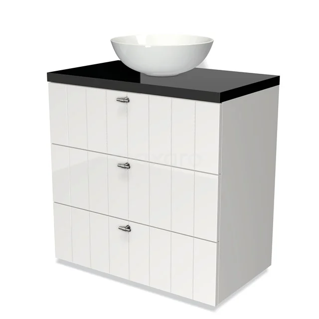 Weißes Badezimmermöbel mit schwarzer Platte und rundem Waschbecken, drei Schubladen mit silbernen Knöpfen, modernes und schlichtes Design.