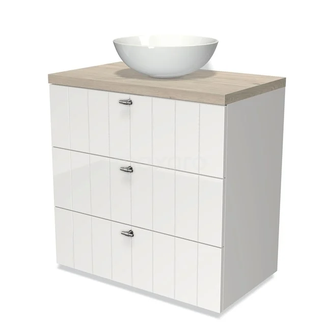 Weißes Holz Badezimmermöbel mit drei Schubladen, Holzlook Platte und weißem Aufsatzwaschbecken, ideal für moderne Badezimmereinrichtungen.