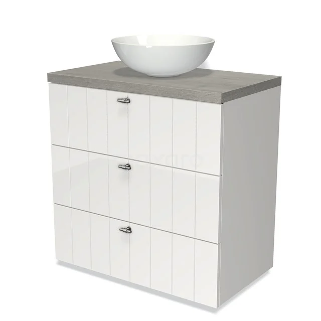 Weißes Badezimmermöbel mit keramischem Waschbecken, grauer Holzplatte und drei Schubladen; schlichtes Design geeignet für modernen Badezimmerstil.