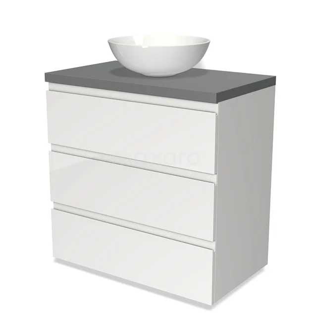 Badmöbel für Waschtischunterschrank mit Konsole 80cm Modulo Plato Hochglanz Weiß 3 Schubladen Grifflos Mittelgrau Platte BMK19-00114 Weiße Badmöbelset mit drei Schubladen, einer grauen Steinplatte und einem Aufsatzwaschbecken, modernes Design.