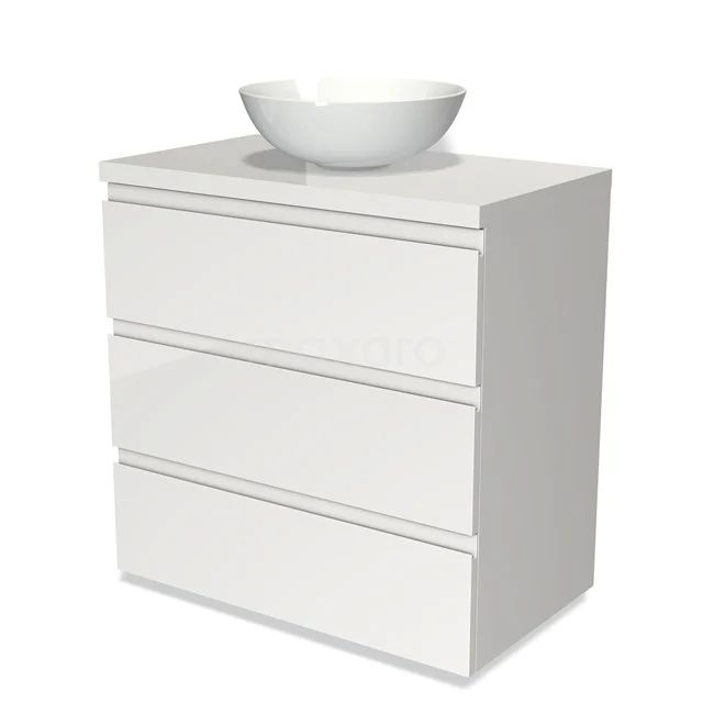 Badmöbel für Aufsatzwaschbecken 80cm Modulo Plato Hochglanz Weiß 3 Schubladen Grifflos BMK19-00115 Weißes Waschtisch mit drei Schubladen, modernes Erscheinungsbild, Keramik Aufsatzwaschbecken, ideal für einen klaren Badezimmerstil.