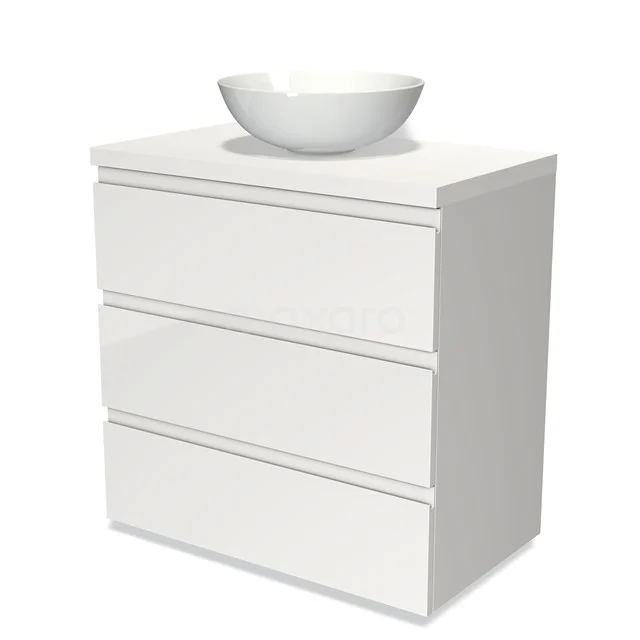 Weißer Badschrank mit drei Schubladen und einem modernen Aufsatzwaschbecken, hergestellt aus hochwertigem Material für eine stilvolle Ausstrahlung.