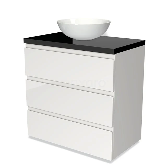 Weiße Badmöbelset mit schwarzer Platte und keramischer komfor­miger Waschbecken, modernes Design mit drei Schubladen.