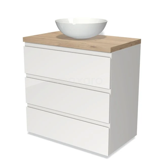 Weiße Badmöbelset mit drei Schubladen, Holzlook Platte und modernem rundem Waschbecken; ideal für eine stilvolle Badezimmerindeling.