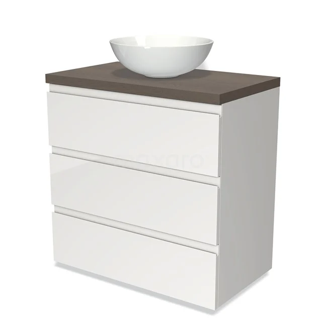 Weiße Badmöbel mit drei Schubladen, Holzplatte und rundem Waschbecken; modernes Design für stilvolle Badezimmer.