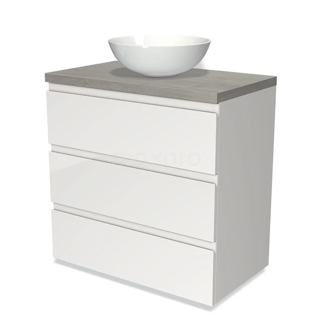 Weißes Badezimmermöbel mit drei Schubladen, Betonlook Platte und runder keramischer Waschbecken oben. Modernes und schlankes Design.
