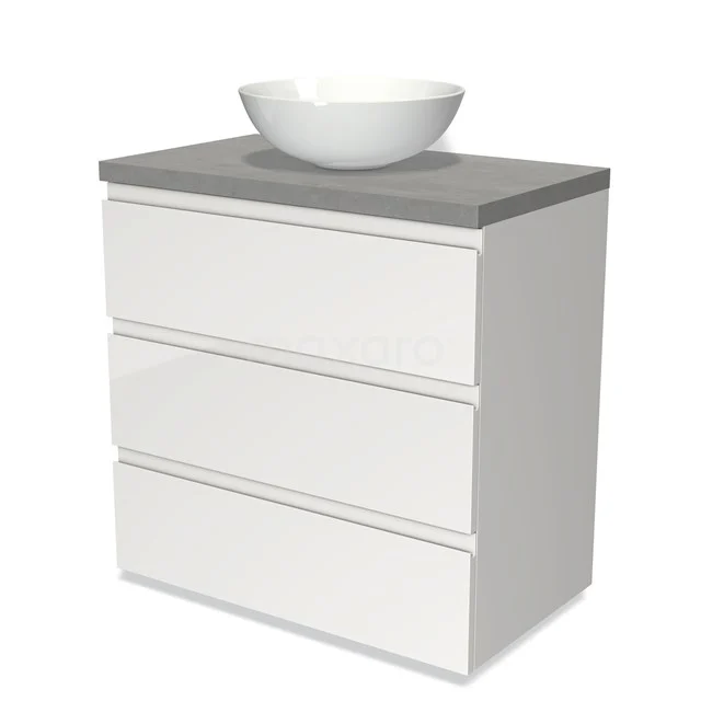 Weißes Badmöbel mit drei Schubladen, grauer Steinplatte und runder Aufsatzwaschbecken, modernes Design für ein elegantes Badezimmer.