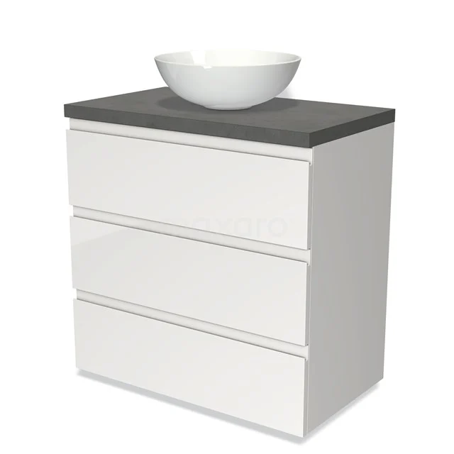 Badmöbel für Aufsatzwaschbecken 80cm Modulo Plato Hochglanz Weiß 3 Schubladen Grifflos Dunkelgrau Beton Platte BMK19-00126 Moderne weiße Badschrank mit drei Schubladen, keramischem Waschbecken und grauer Platte. Perfekt für stilvolle Badezimmerlagerung.