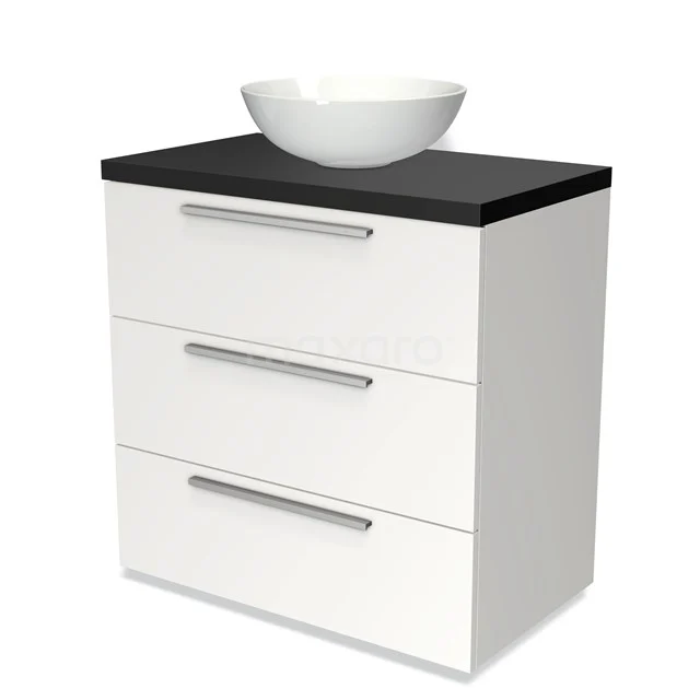 Badmöbel für Waschtischunterschrank mit Konsole 80cm Modulo Plato Matt Weiß 3 Schubladen Flach Matt Schwarz Platte BMK19-00127 Weißes Badezimmermöbel mit schwarzer Platte, drei Schubladen und einem runden Aufsatzwaschbecken, aus hochglanzendem Holz für einen modernen Badezimmerstil.