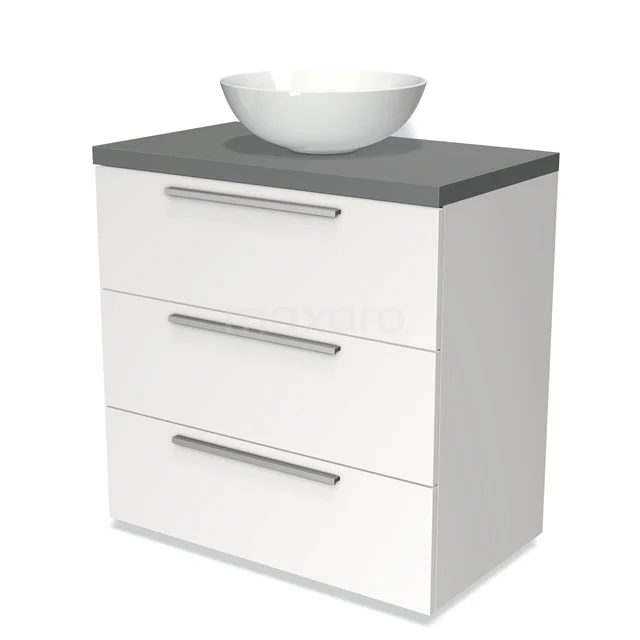 Badmöbel für Waschtischunterschrank mit Konsole 80cm Modulo Plato Matt Weiß 3 Schubladen Flach Mittelgrau Platte BMK19-00128 Weißes Badezimmermöbel mit Dunkelgrau Platte, drei Schubladen und einem runden keramischen Aufsatzwaschbecken; modernes und elegantes Design.