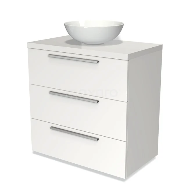 Weißer Badschrank mit drei Schubladen, obenauf ein rundes Waschbecken; schlankes Design, ideal für moderne Badezimmerlagerung.