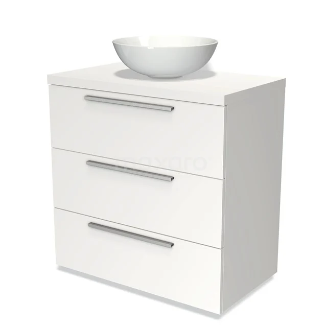 Badmöbel für Waschtischunterschrank mit Konsole 80cm Modulo Plato Matt Weiß 3 Schubladen Flach BMK19-00130 Weißes Badezimmermöbel mit keramischem Aufsatzwaschbecken, drei Schubladen mit Metallhaltegriffen, ideal für moderne Badezimmerlagerung.