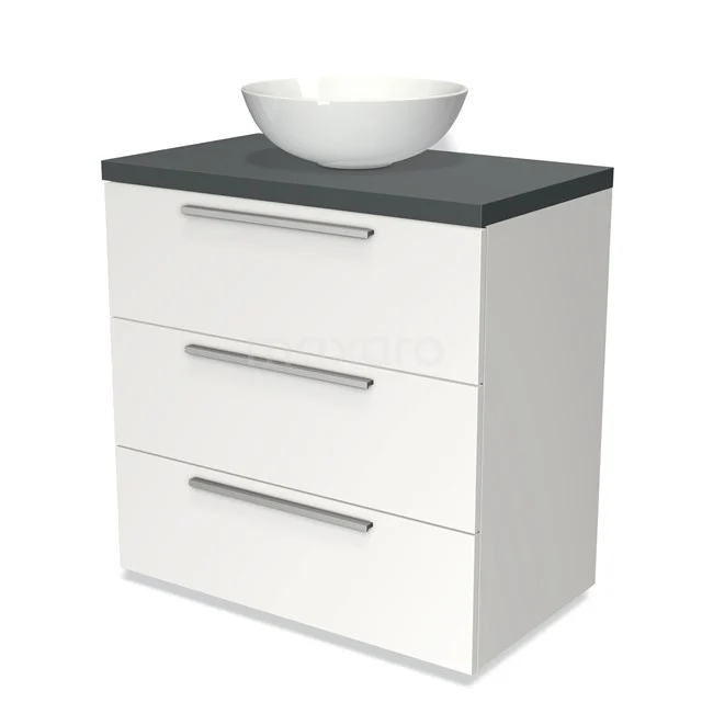Badmöbel für Waschtischunterschrank mit Konsole 80cm Modulo Plato Matt Weiß 3 Schubladen Flach Dunkelgrau Platte BMK19-00131 Weißes Badezimmermöbel mit schalenförmigem Waschbecken, anthrazit Platte und drei Schubladen, ideal für moderne Badezimmer.