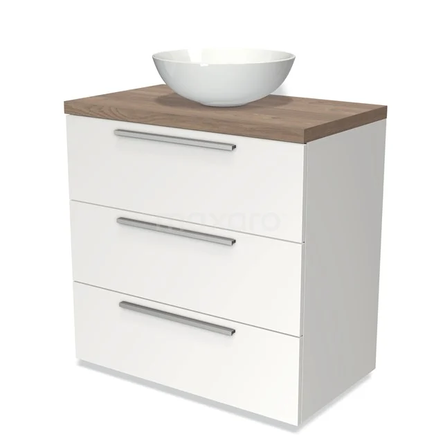 Weiße Badmöbelset mit Holzlook Platte, rundem Waschbecken und drei Schubladen mit metallischen Haltegriffen, modernes Design.