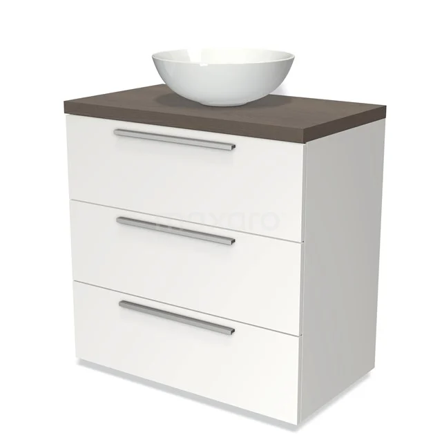 Weißes Holz Badezimmermöbel mit dunkler Holz Platte, drei Schubladen und Aufsatzwaschbecken; ideal für moderne Badezimmergestaltung.