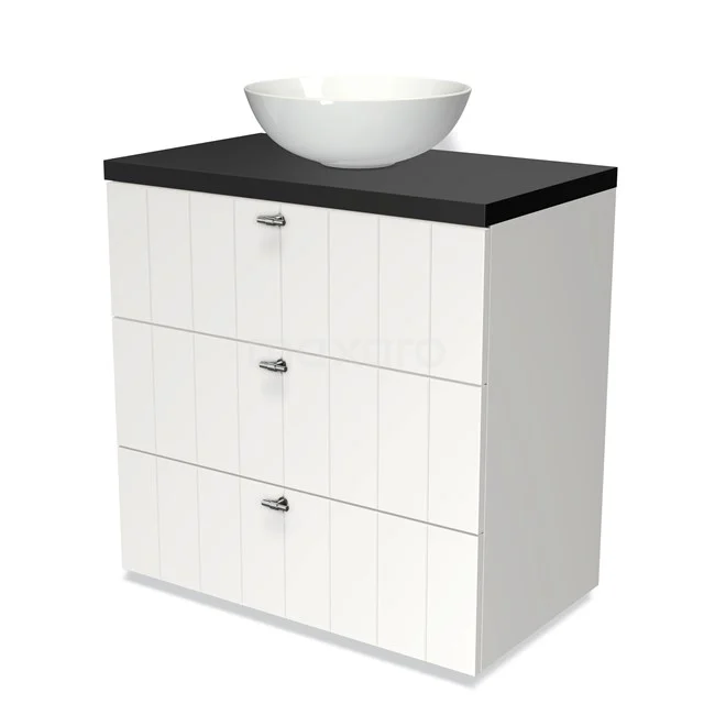 Modulo Plato Vanity units for countertop basin | 80 cm Matte white Slat front Matte black worktop 3 drawers BMK19-00141 White bathroom unit with black basin worktop and round surface sink, fitted with three drawers with silver handles.
