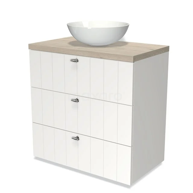 Modulo Plato Vanity units for countertop basin | 80 cm Matte white Slat front Light grey oak worktop 3 drawers BMK19-00148 White Bathroom unit with three drawers, wooden worktop and round basin; modern, sleek design for a stylish bathroom.