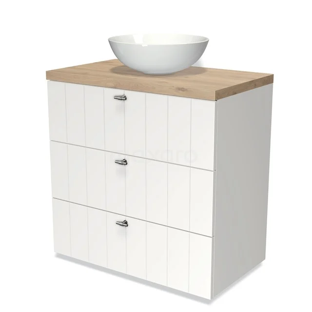 White bathroom cabinet with natural wood worktop and ceramic countertop wash basin, modern rib design, perfect for stylish bathroom design.