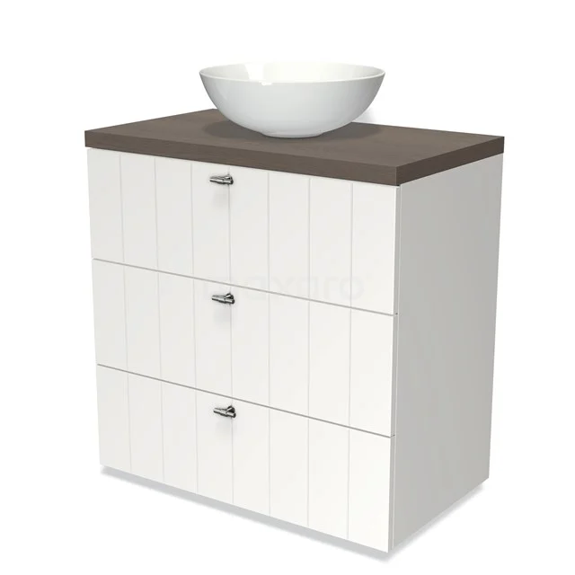 White bathroom unit with wood-look worktop and round countertop wash basin, featuring three drawers with silver handles.
