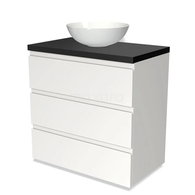 Weißes Badezimmermöbel mit schwarzer Platte und rundem Waschbecken, moderner Stil und drei Schubladen für praktischen Stauraum.