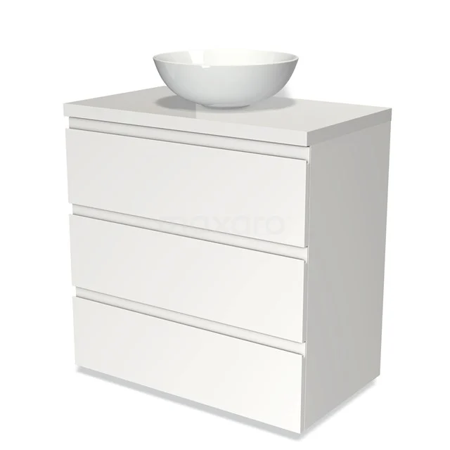 Weißes Badezimmermöbel mit drei Schubladen, modernes Waschbecken obenauf, aus nachhaltigem Material für einen eleganten Badezimmerstil.