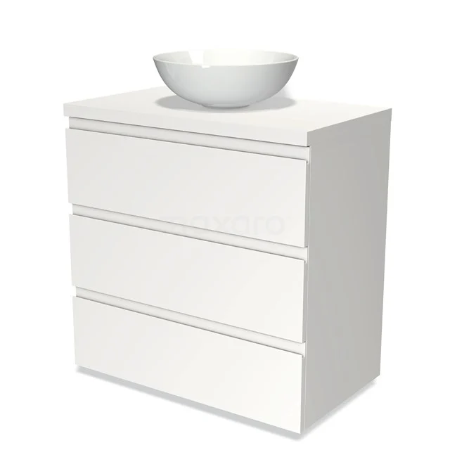Weißes Badezimmermöbel mit drei Schubladen und rundem Aufsatzwaschbecken, modernes Design aus hochwertigem MDF-Material.