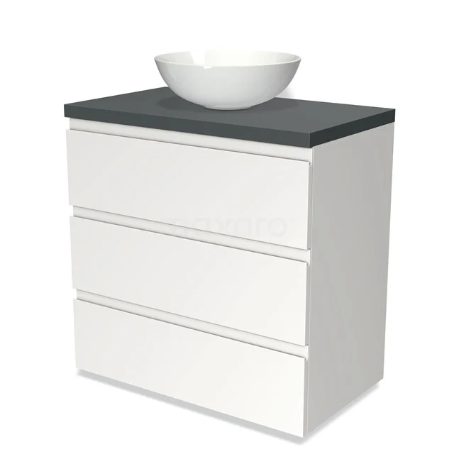 Weiße Badschrank mit drei Schubladen, schwarzer Platte und einem runden keramischen Waschbecken, ideale Stauraum für das moderne Badezimmer.