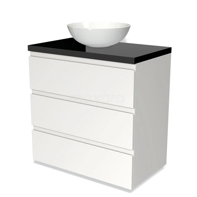 Weißes Badezimmermöbel mit schwarzer Platte und rundem keramischen Aufsatzwaschbecken, modernes Design mit drei Schubladen.