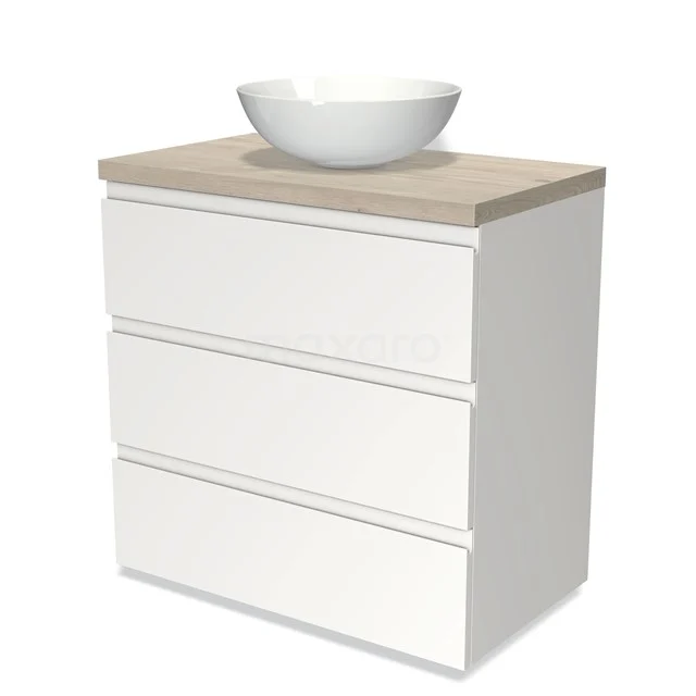 Weißes Badezimmermöbel mit matter Oberfläche, Holzplatte und einem runden Aufsatzwaschbecken; modernes und schlankes Design.