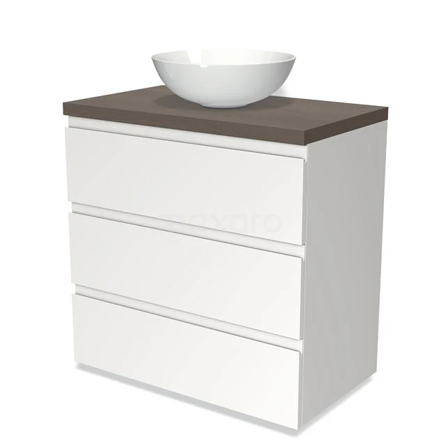 Weißes Badezimmermöbel mit Holzlook Platte und runder Aufsatzwaschbecken, ausgestattet mit drei grifflosen Schubladen für moderne Badezimmerlagerung.