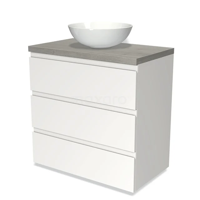 Weißes Badmöbel mit drei Schubladen, graue Platte und keramischem rundes Waschbecken; elegantes Design für moderne Bäder.