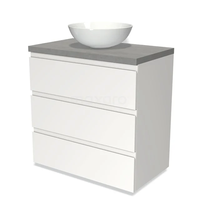 Weißes Badmöbel mit grauer Platte, drei Schubladen und rundem Waschbecken; modernes Design, ideal für kompakte Bäder.