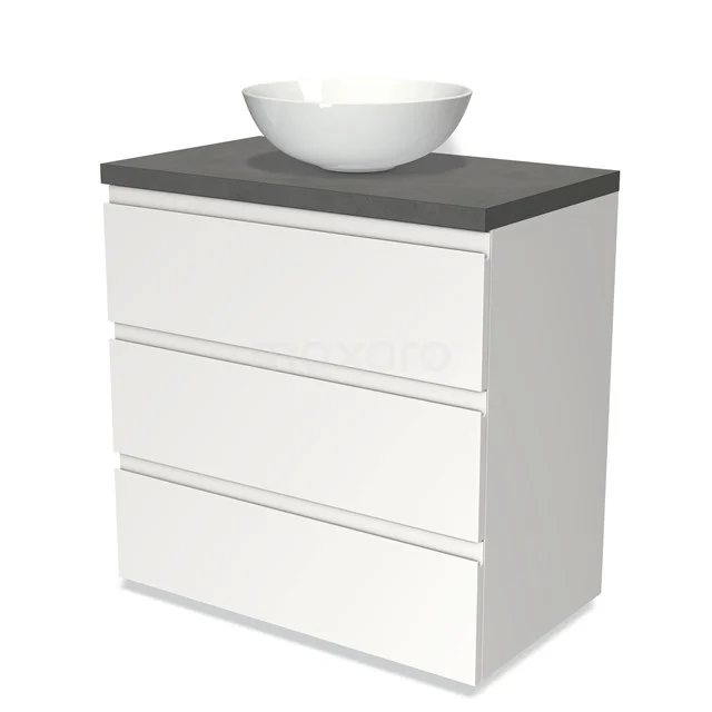 Weißes Badezimmermöbel mit drei Schubladen, schwarzer Steinplatte und rundem Waschbecken; modernes Design für ein stilvolles Badezimmer.