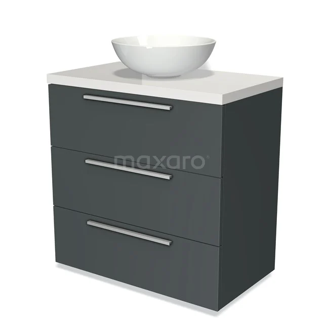 Badmöbel für Waschtischunterschrank mit Konsole 80cm Modulo Plato Dunkelgrau 3 Schubladen Flach Hochglanz Weiß Platte BMK19-00171 Dunkelgrau Badmöbel mit drei Schubladen, keramischem Aufsatz Waschbecken und chromatischen Haltegriffen, modernes Design.