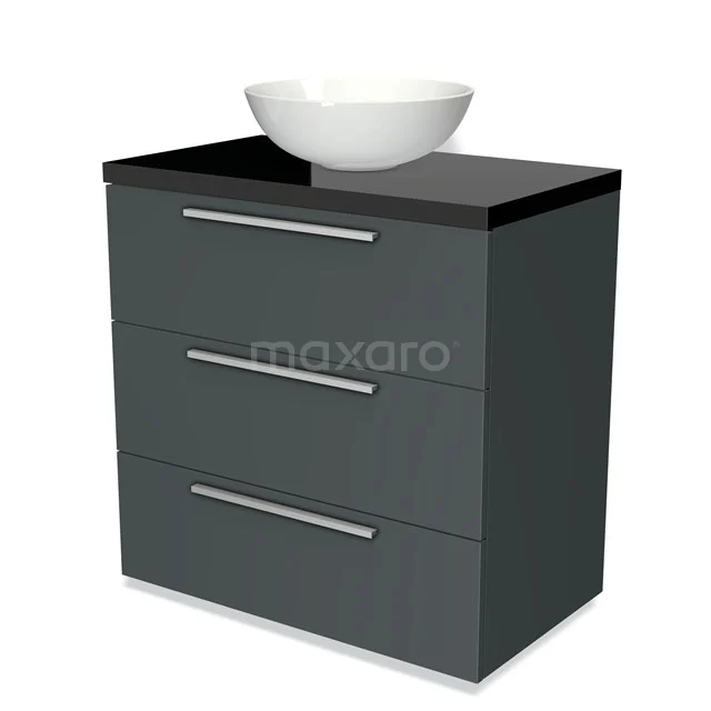 Graue Badmöbelset mit schwarzer Oberfläche, weißem schalenförmigen Waschbecken, drei Schubladen und schlankem Design für ein modernes Badezimmer.