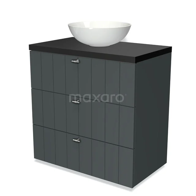 Modulo Plato Vanity units for countertop basin | 80 cm Dark grey Slat front Matte black worktop 3 drawers BMK19-00183 Grey bathroom cabinet with three drawers, black worktop and white bowl-shaped basin, modern design in wood look.