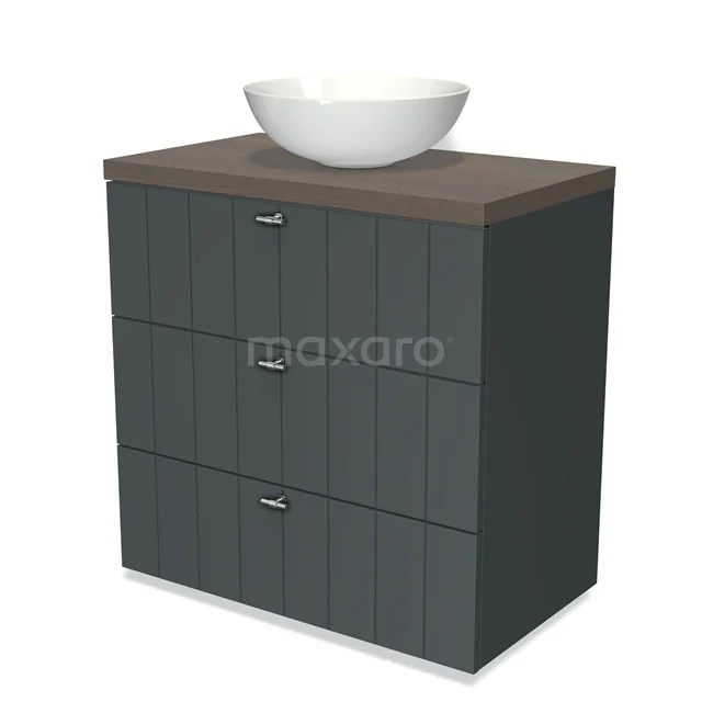 Modulo Plato Badmöbel mit Aufsatzwaschbecken | 80 cm Dunkelgrau Lamelle front Dunkelbraune Eiche blatt 3 Schubladen BMK19-00193 Dunkelgraue Badmöbelset mit Holzlook Platte, modernes Design und runder weißer Waschbecken, ideal für ein stilvolles Badezimmer.