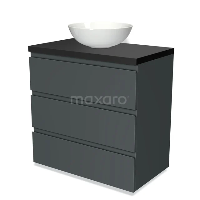 Dunkelgraue Badmöbel mit drei Schubladen, schwarzer Platte und weißem ovalen Aufsatzwaschbecken; modernes und elegantes Design.