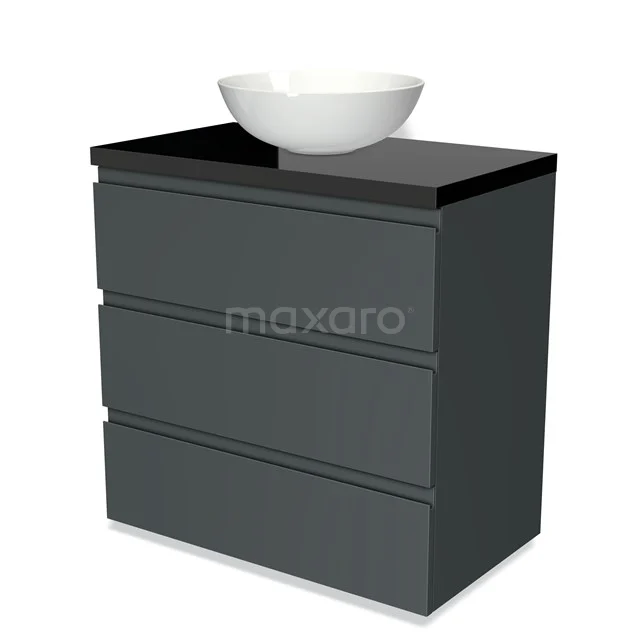 Grau Badmöbel mit schwarzer Oberseite, runde Aufsatzwaschbecken und drei Schubladen, modernes Design für zeitgemäße Bäder.