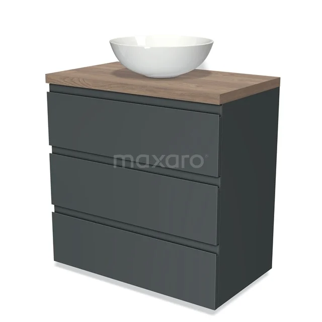 Modulo Plato Vanity units for countertop basin | 80 cm Dark grey Handle-less front Mid brown oak worktop 3 drawers BMK19-00206