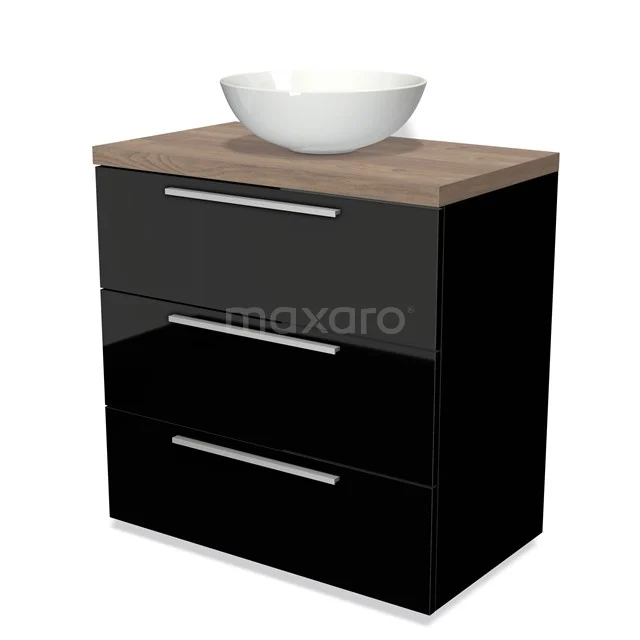 Schwarzer Badschrank mit Holzlook Platte und weißem Aufsatzwaschbecken, modernes Design mit drei Schubladen für optimale Badezimmerlagerung.