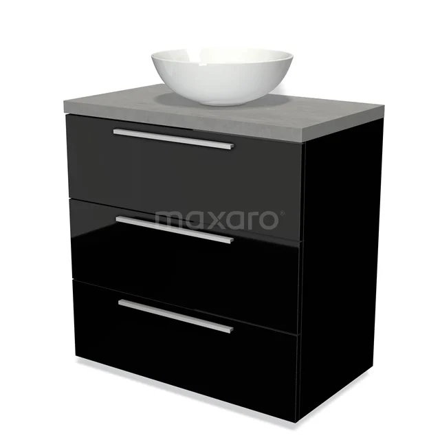Black bathroom cabinet with high-gloss finish, grey worktop and white bowl-shaped basin; stylish and modern design.